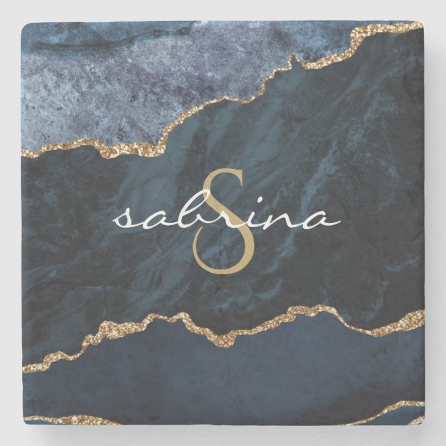Monogram Agate Geode Navy Blue Gold Stone Coaster (Front)
