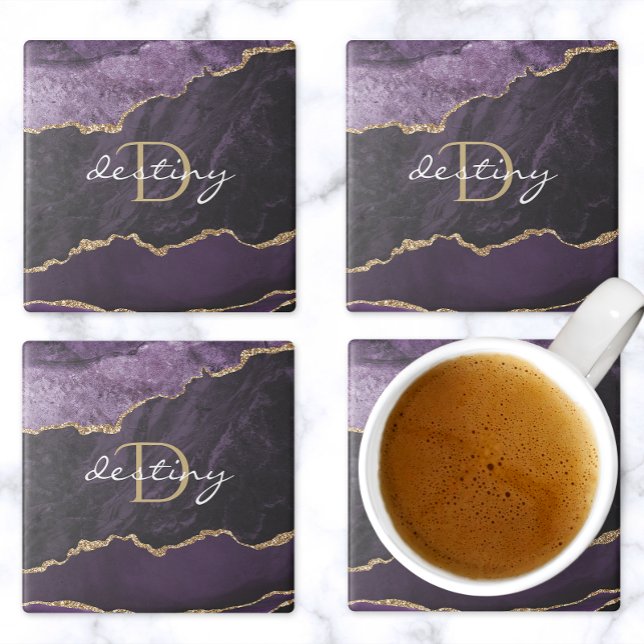 Monogram Agate Geode Purple Gold Stone Coaster (Creator Uploaded)
