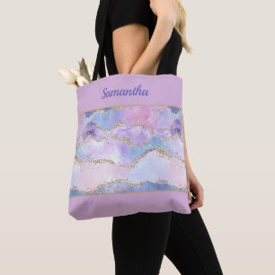 Monogram Agate Glitter Trendy Blue Pink Purple Tote Bag