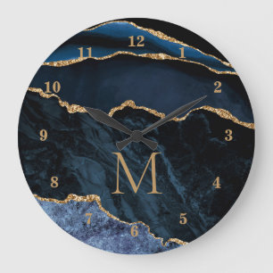 Monogram Agate Navy Blue Gold Gemstone Marble Large Clock