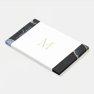 Monogram Agate Navy Blue Gold Glitter Gemstone Post-it Notes