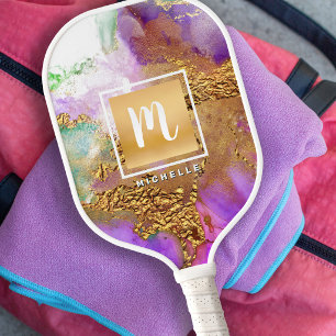 Monogram Agate Watercolor Gold Foil Purple Pink Pickleball Paddle