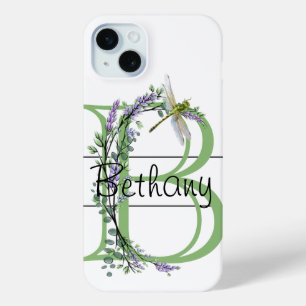 Monogram alphabet B Lavender Eucalyptus Dragonfly iPhone 15 Mini Case