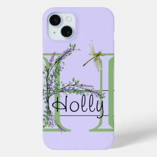 Monogram alphabet H Lavender Eucalyptus Dragonfly iPhone 15 Mini Case