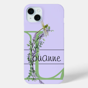 Monogram alphabet L Lavender Eucalyptus Dragonfly iPhone 15 Mini Case