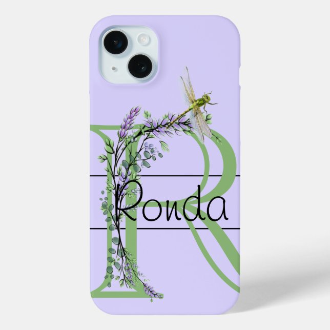 Monogram alphabet R Lavender Eucalyptus Dragonfly Case-Mate iPhone Case (Back)