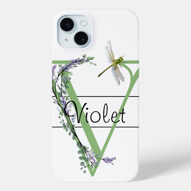 Monogram alphabet V Lavender Eucalyptus Dragonfly Case-Mate iPhone Case (Back)