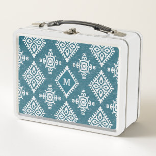 Monogram Amadora Teal Blue Pattern Metal Lunch Box