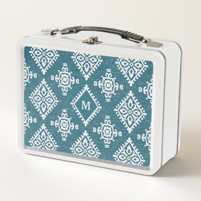 Monogram | Amadora Teal Blue Pattern Metal Lunch Box (Front)
