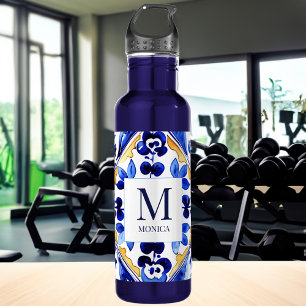 Monogram Amalfi Vietri Italian blue tiles gifts 710 Ml Water Bottle