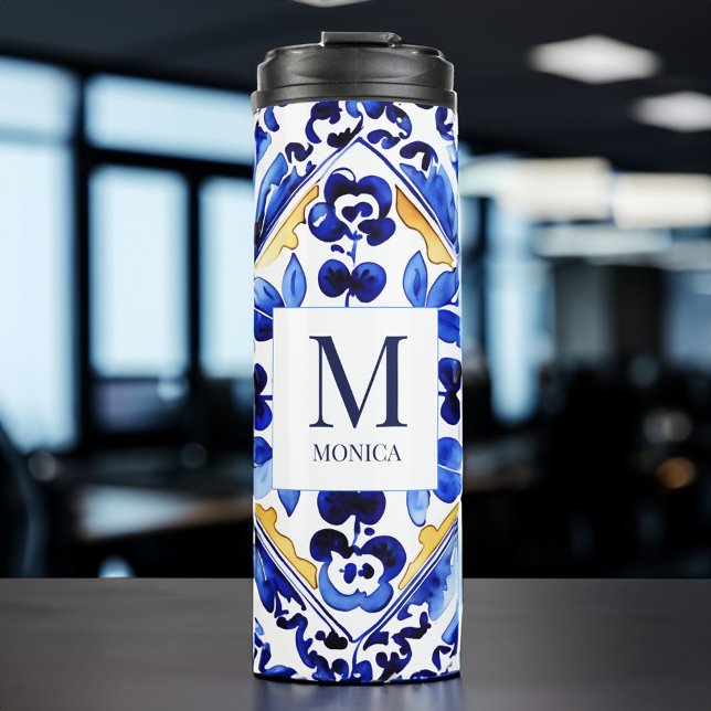 Monogram Amalfi Vietri Italian blue tiles gifts Thermal Tumbler (Monogram Amalfi Vietri Italian blue tiles bridesmaid gifts Thermal Tumbler bridal party favors gifts)