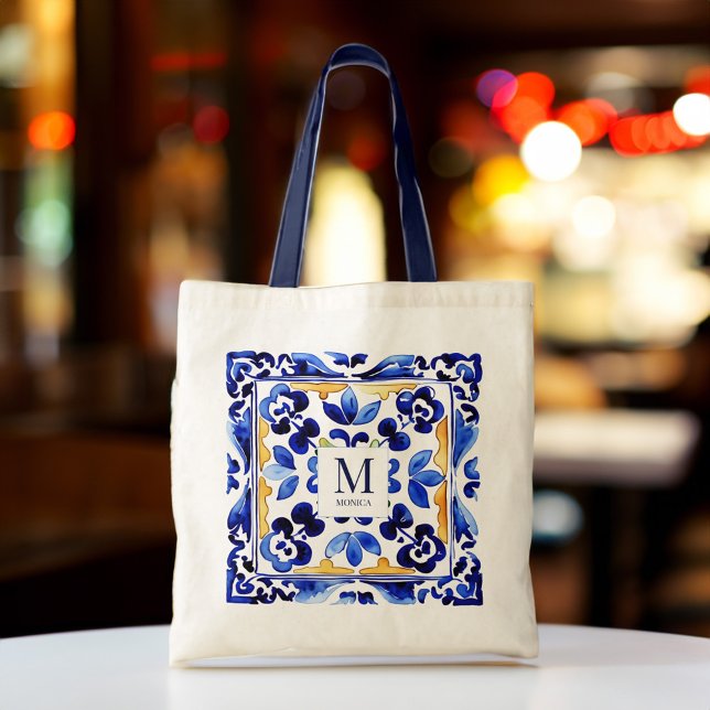 Monogram Amalfi Vietri Italian blue tiles gifts Tote Bag (Monogram Amalfi Vietri Italian blue tiles bridesmaid gifts personalized Tote Bag bridal party favors)