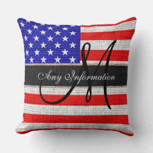Monogram American Flag Burlap Linen Rustic Jute Cushion