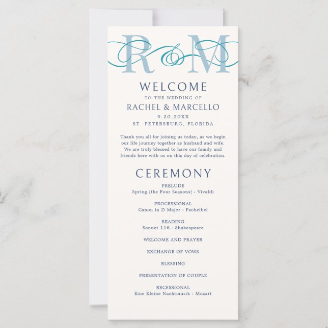 Monogram Ampersand Dusty Navy Blue Wedding Program (Front)