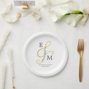 Monogram Ampersand Eucalyptus Greenery Wedding Paper Plate