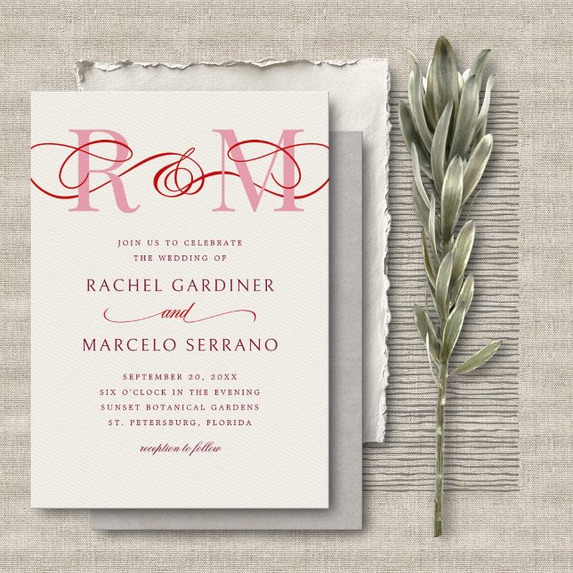 Monogram Ampersand Red Pink QR Code Wedding Invitation (Creator Uploaded)