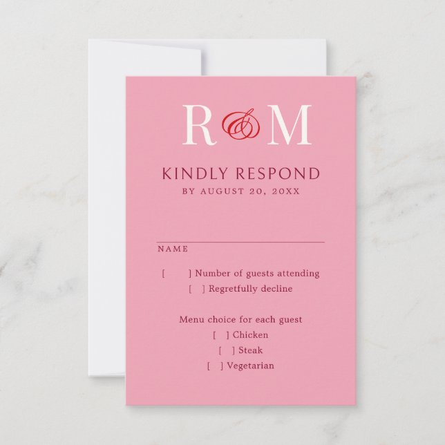 Monogram Ampersand Red Pink Wedding RSVP Card (Front)