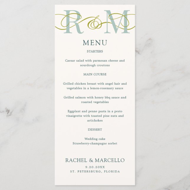 Monogram Ampersand Sage Green Wedding Menu (Front)