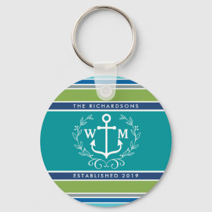 Monogram Anchor Laurel Wreath Stripes Nautical Key Ring
