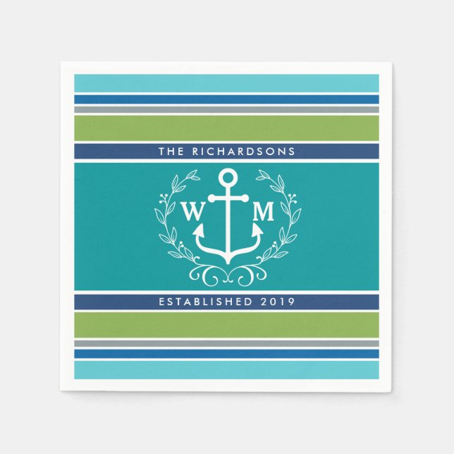 Monogram Anchor Laurel Wreath Stripes Nautical Napkin (Front)