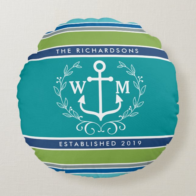 Monogram Anchor Laurel Wreath Stripes Nautical Round Cushion (Front)