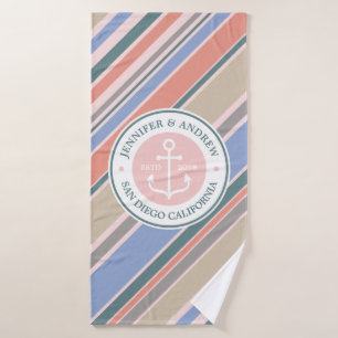 Monogram Anchor Nautical Wedding Blush Pink Stripe Bath Towel