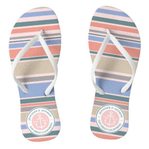 Monogram Anchor Trendy Stripes Pink Nautical Beach Jandals