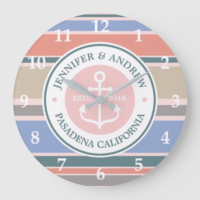 Monogram Anchor Trendy Stripes Pink Nautical Beach Large Clock (Front)