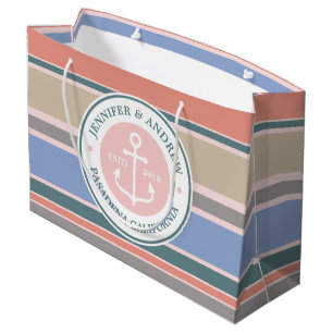Monogram Anchor Trendy Stripes Pink Nautical Beach Large Gift Bag