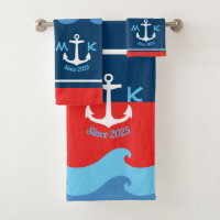 Monogram Anchor Waves Boat Red White Blue Nautical