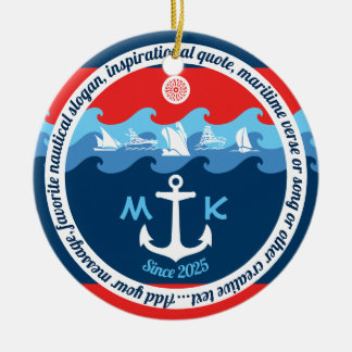 Monogram Anchor Waves Boat Red White Blue Nautical Ceramic Tree Decoration