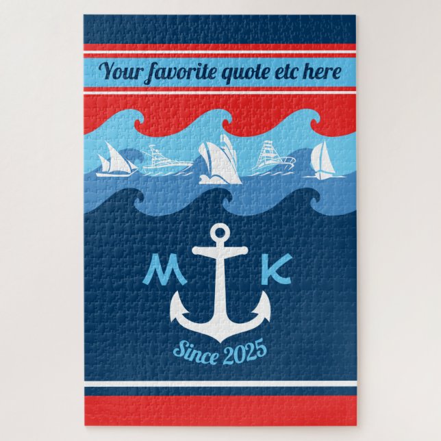 Monogram Anchor Waves Boat Red White Blue Nautical Jigsaw Puzzle (Vertical)