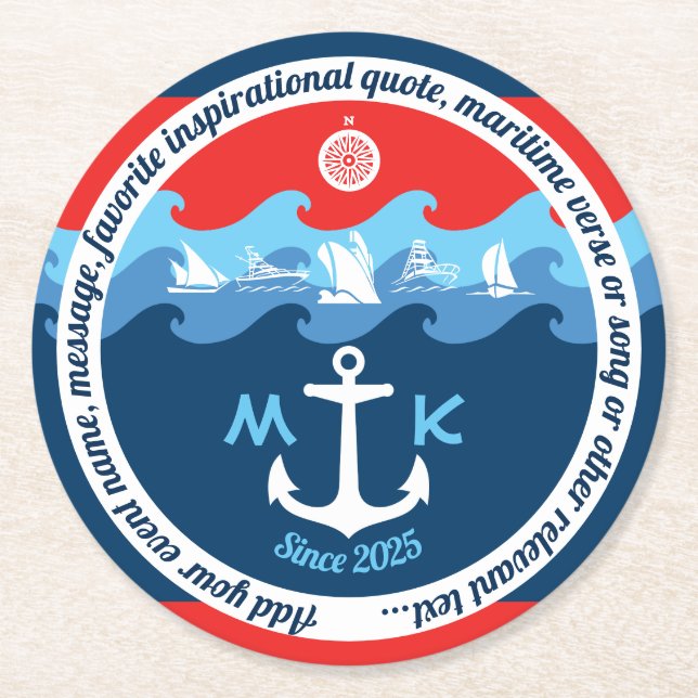Monogram Anchor Waves Boat Red White Blue Nautical Round Paper Coaster (Front)