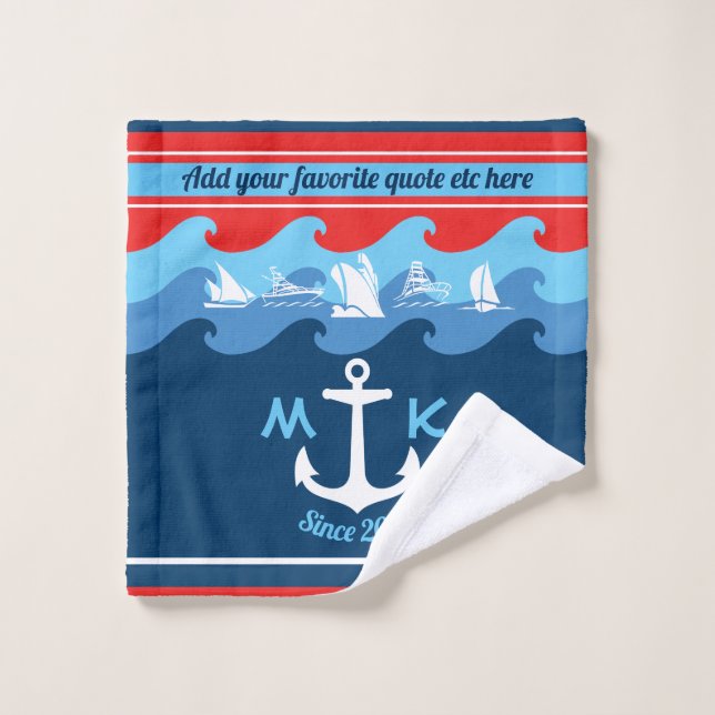 Monogram Anchor Waves Boat Red White Blue Nautical Wash Cloth (Wash Cloth)