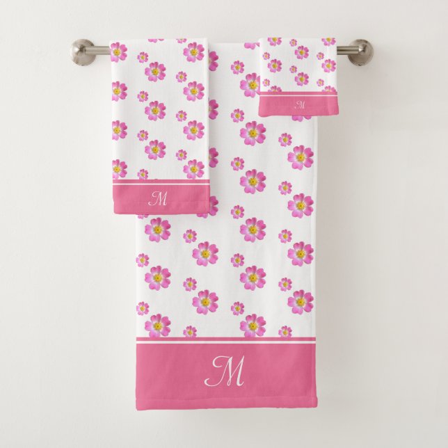 Monogram and Beautiful Pink Flowers on White Bath Towel Set (Insitu)