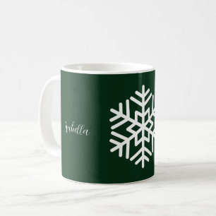Monogram and Big White Snowflake on Forest Green Coffee Mug