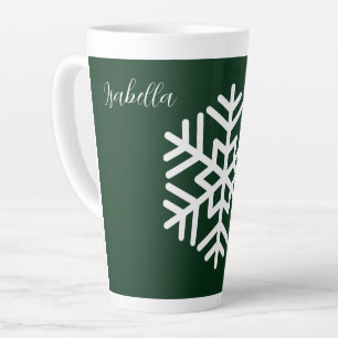 Monogram and Big White Snowflake on Green Latte Mug