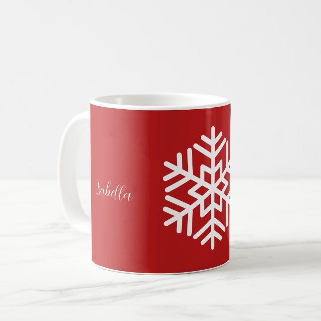 Monogram and Big White Snowflake on Red Coffee Mug (Front Left)