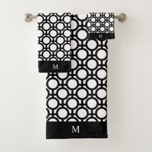 Monogram and Black Abstract Circles on White  Bath Towel Set