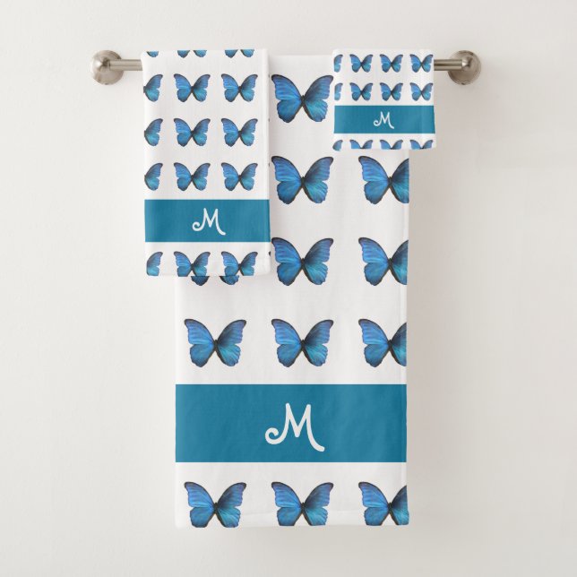 Monogram and Blue Butterfly Pattern on White  Bath Towel Set (Insitu)
