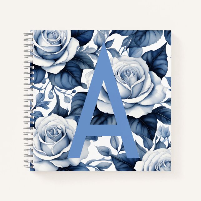 Monogram and Blue Roses Sqaure Notebook (Front)