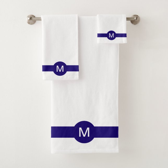 Monogram and Blue Stripe on White Bath Towel Set (Insitu)