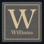 MONOGRAM and Family Surname on Black Stone Coaster<br><div class="desc">Customise with your family monogram and your last name below in chic gold lettering on a black background. Change the colours to anything to fit your home decor or give as a wedding gift. anniversary gift,  engagement party gift,  hostess gift and more.</div>