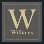 MONOGRAM and Family Surname on Black Stone Coaster<br><div class="desc">Customise with your family monogram and your last name below in chic gold lettering on a black background. Change the colours to anything to fit your home decor or give as a wedding gift. anniversary gift,  engagement party gift,  hostess gift and more.</div>
