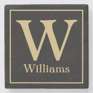 MONOGRAM and Family Surname on Black Stone Coaster