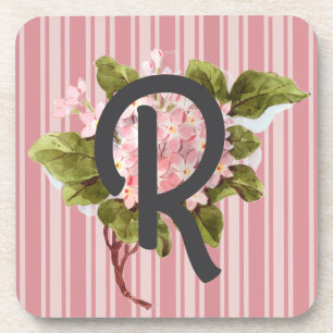 Monogram and Flowers on Pink Stripes Coaster