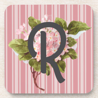 Monogram and Flowers on Pink Stripes Coaster