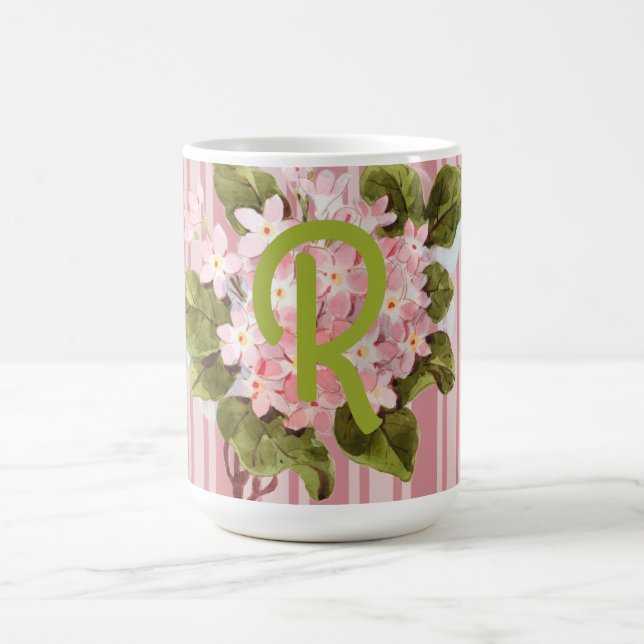 Monogram and Flowers on Pink Stripes Coffee Mug (Center)