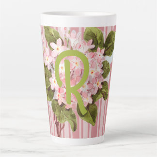 Monogram and Flowers on Pink Stripes Latte Mug