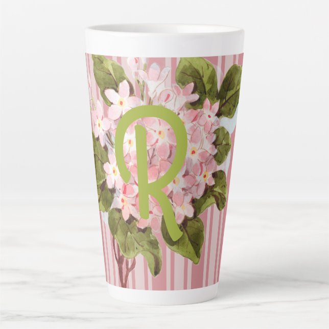 Monogram and Flowers on Pink Stripes Latte Mug (Front)